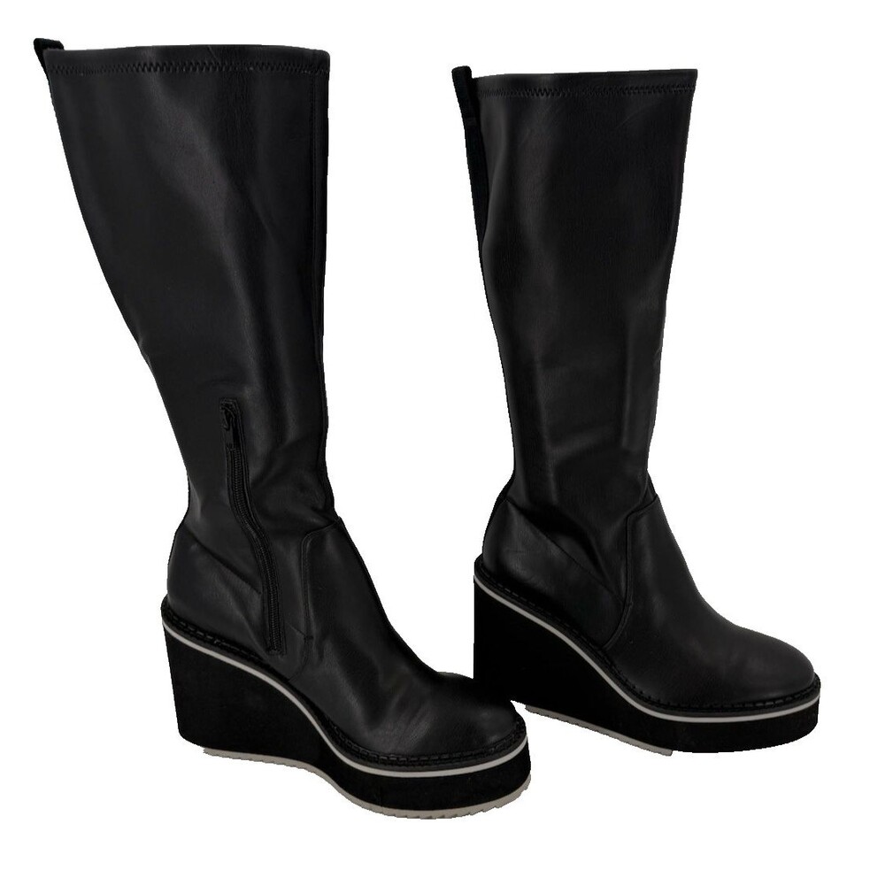 NWOT Naked Feet Apex Wedge Knee-High Boots Black Faux Leather Women’s Size 11 M